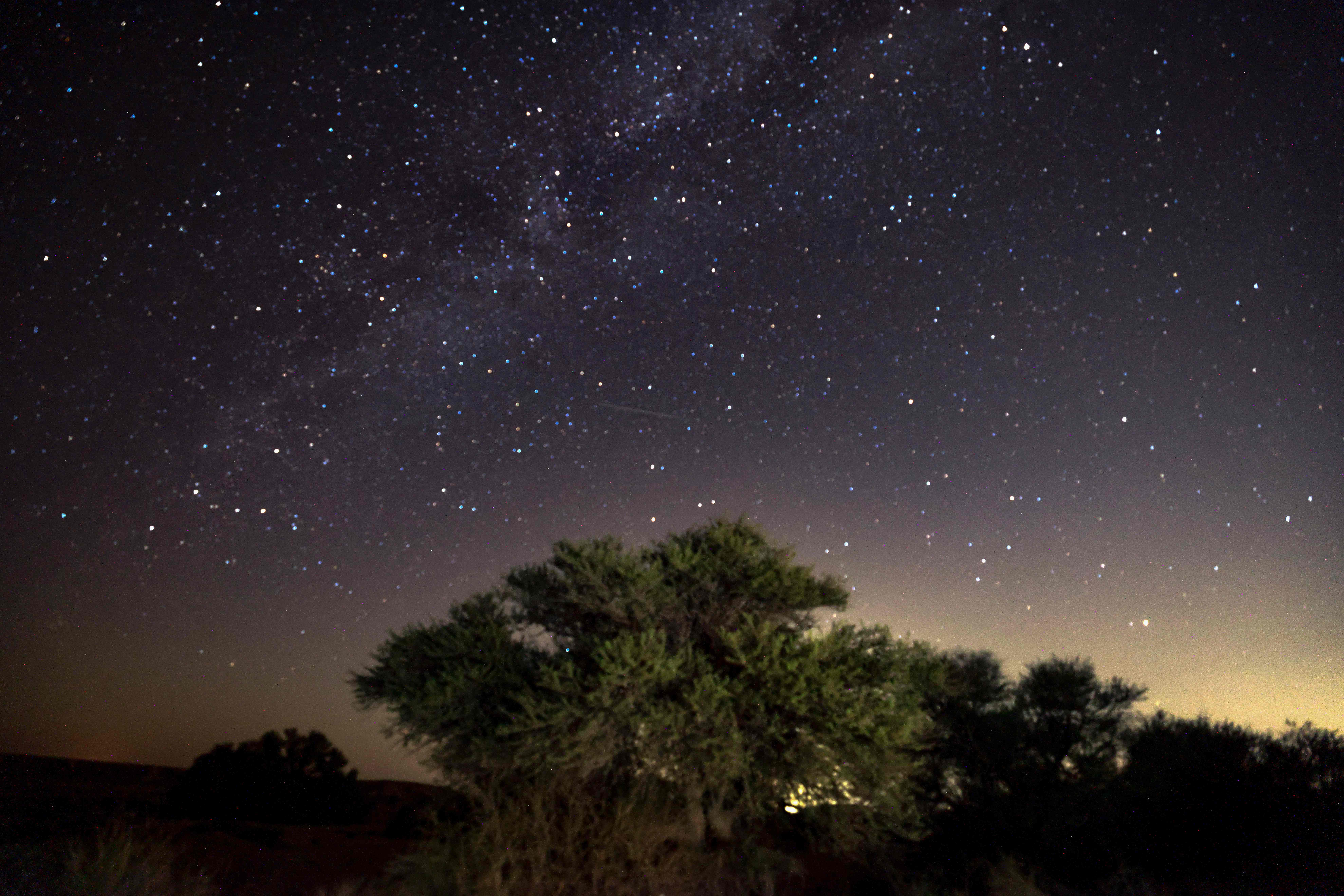 The Milky Way galaxy appears as a Perseid meteor streaks across the sky above a camping site in the southern israel Negev desert near the Israeli village of Faran early on 12 August 2023
