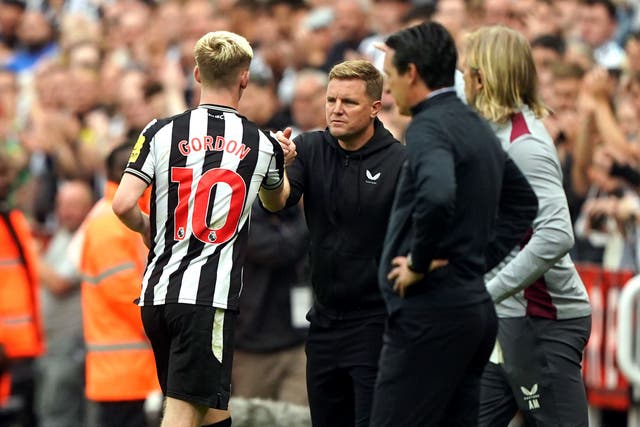 Newcastle boss Eddie Howe (centre) is relishing the tough selections decisions he will have to make this season (Owen Humphreys/PA)