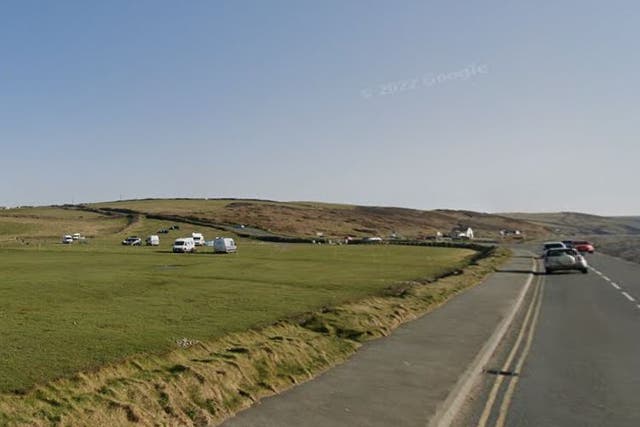 <p>A blue Ford Fiesta collided with a number of people and a tent at Newgale campsite on Saturday</p>