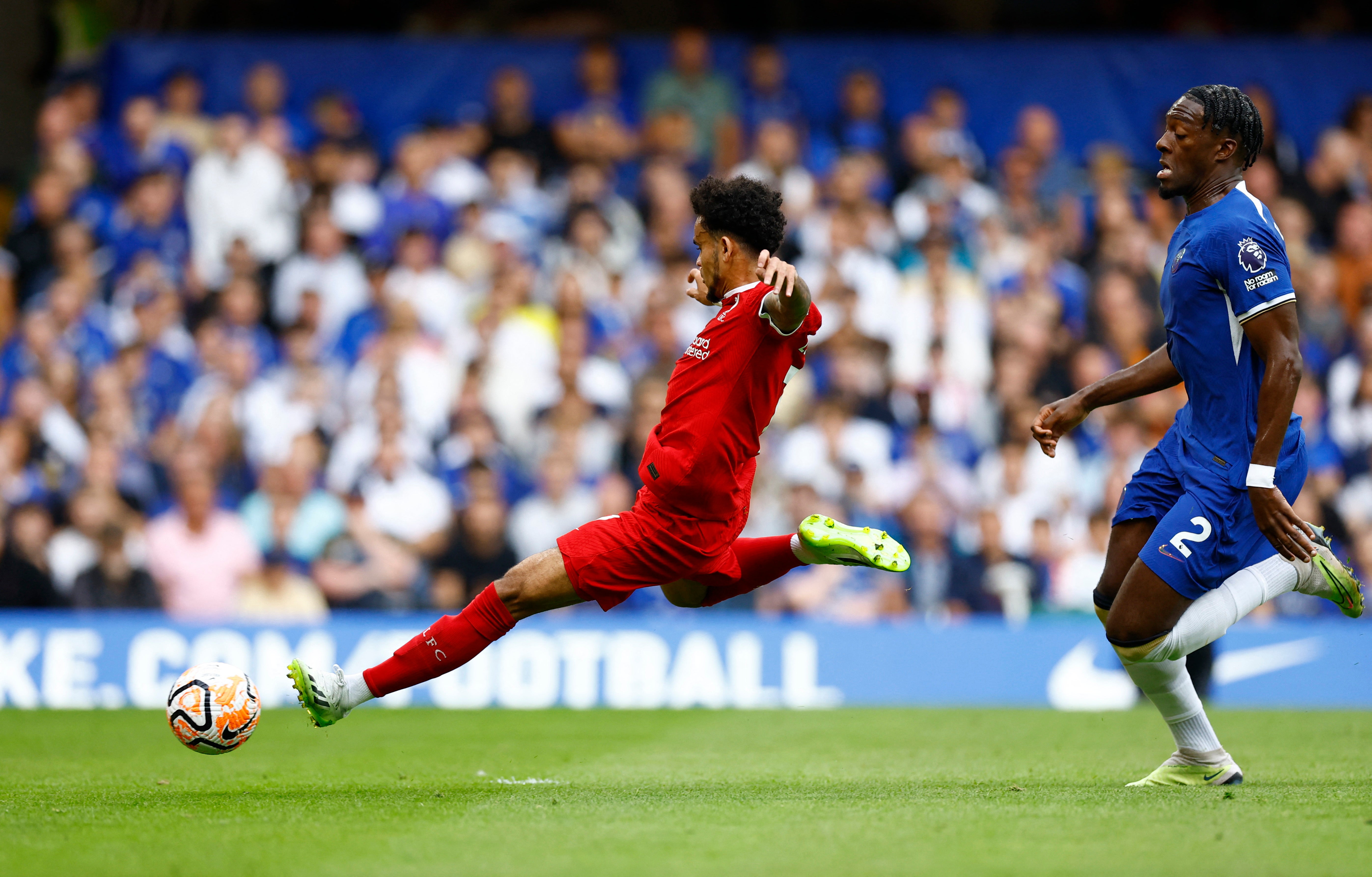 Luis Diaz scores against Chelsea at Stamford Bridge last season.