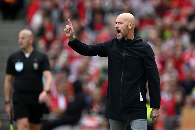 <p>Manchester United manager Erik ten Hag gestures during a recent friendly in Dublin</p>