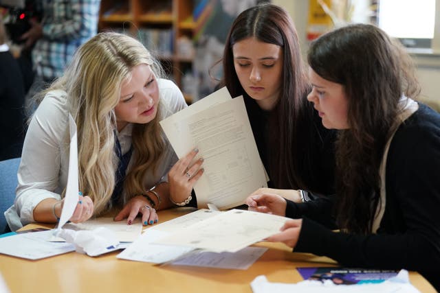 Tess Worley, Abbie Hart and Leah Mathieson from Craigmount High School in Edinburgh look at their exam results (Andrew Milligan/PA)