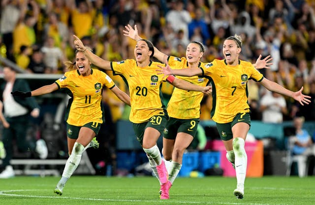 <p>Australian players celebrate the winning penalty in the quarter-final shootout with France </p>