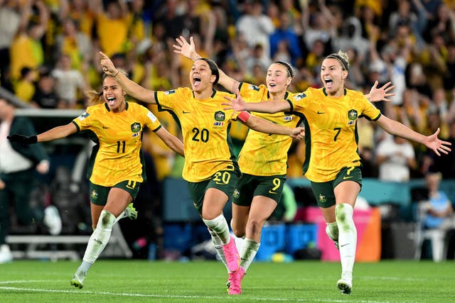 <p>Australian players celebrate the winning penalty in the quarter-final shootout with France </p>