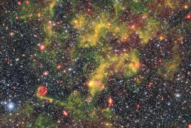 <p>Image shows the irregular galaxy NGC 6822 observed by the Near-InfraRed Camera (NIRCam) and Mid-InfraRed Instrument (MIRI) mounted on the NASA/ESA/CSA James Webb Space Telescope</p>