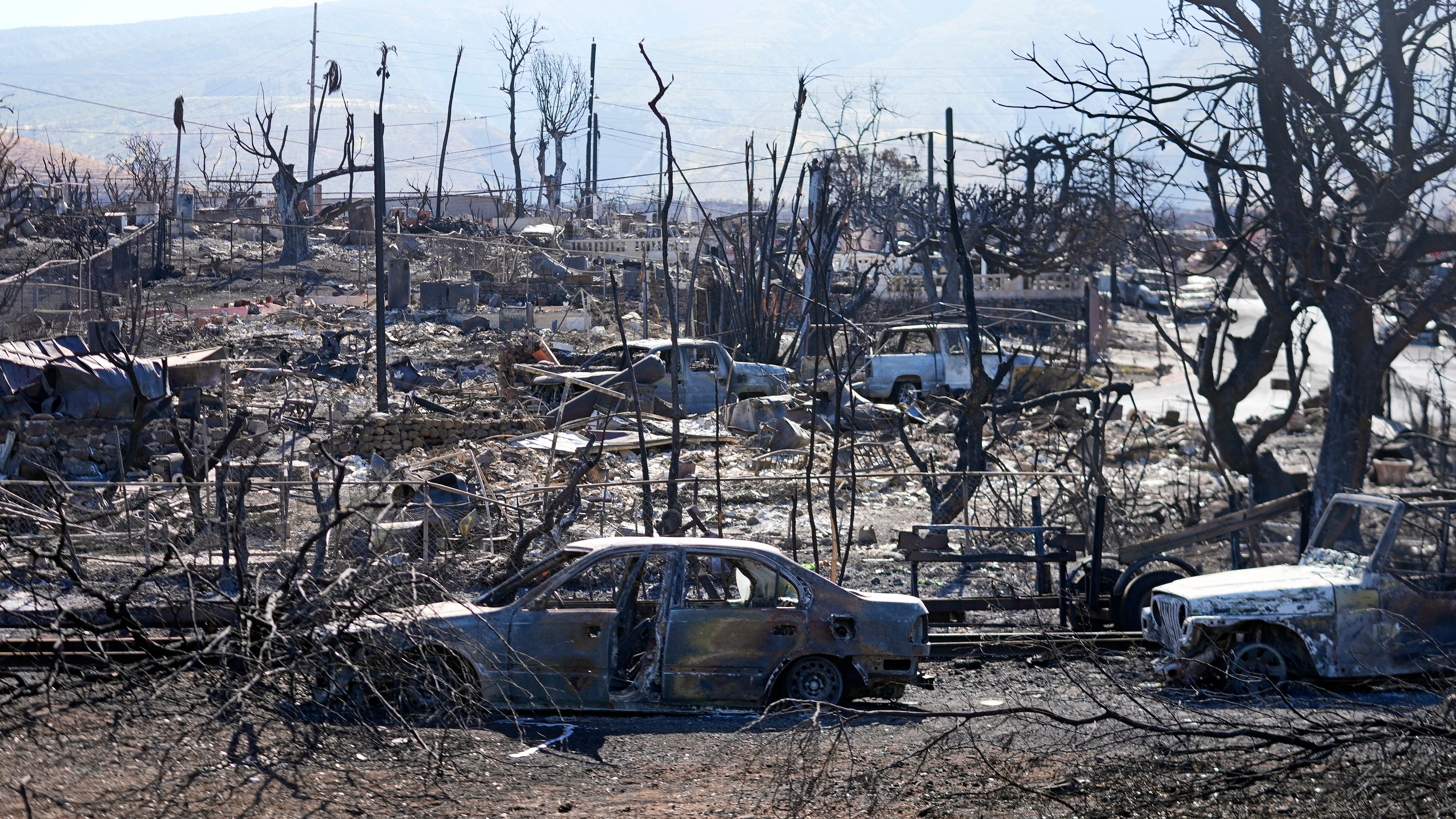 Destroyed homes and cars are shown on 13 August in Lahaina, Maui