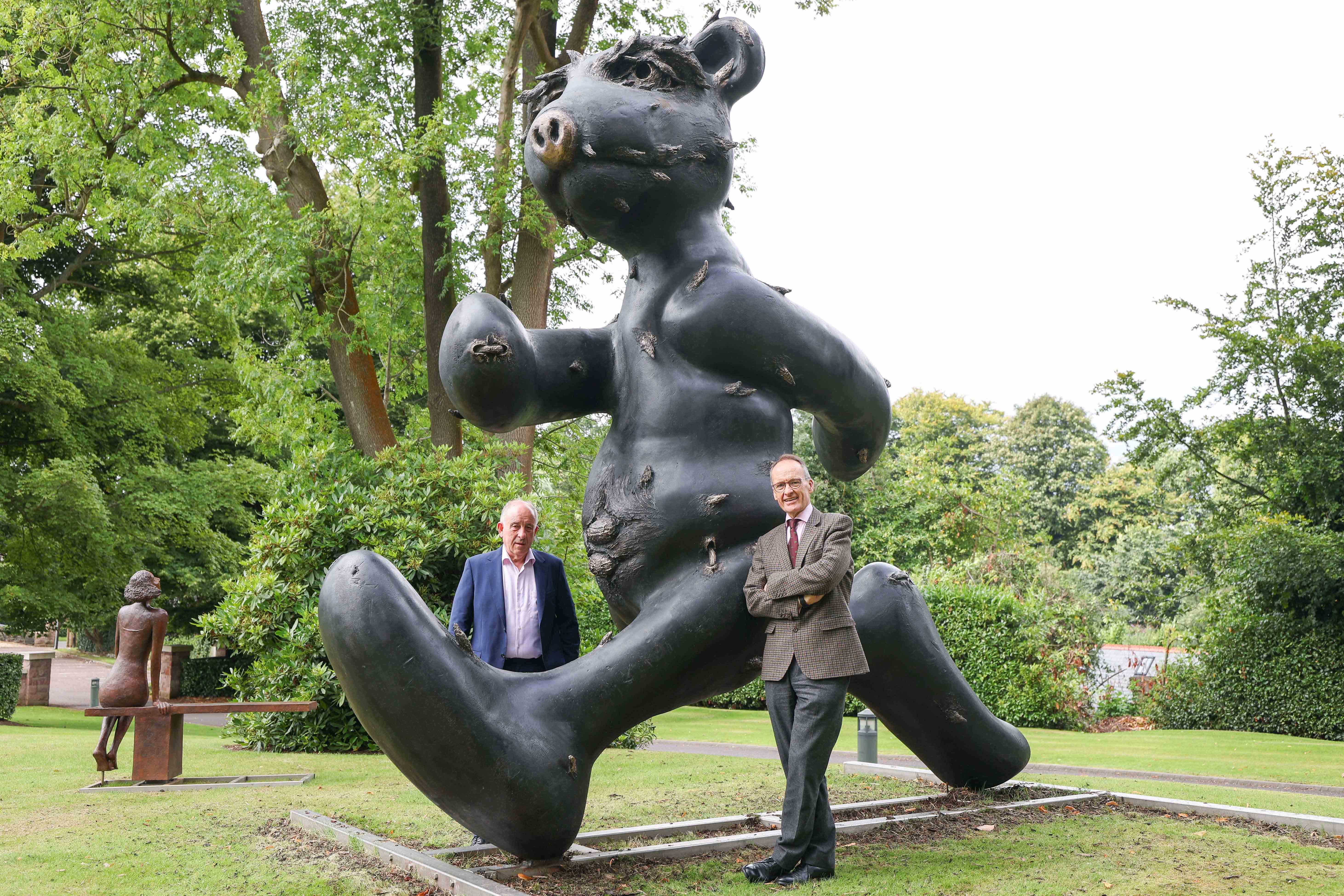 Oliver Gormley, of Gormleys, and Howard Hastings, chairman of Hastings Hotels, with Patrick O’Reilly’s Larger Than Life, one of the largest single-piece Irish sculptures to ever come to the art market, which will feature at Ireland’s biggest art and sculpture event (Press Eye/PA)