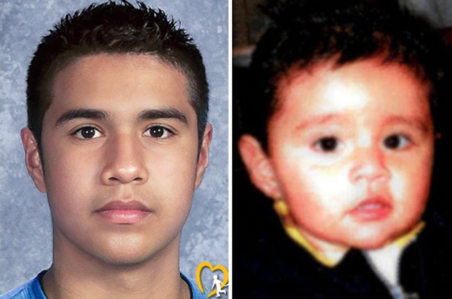 <p>An age-progressed image (left) of Joshua Garcia, who was kidnapped  four months before turning three (right) in Mexico  </p>