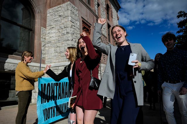 <p>Youth plaintiffs in the climate change lawsuit, Held vs. Montana, arrive at the Lewis and Clark County Courthouse, on June 20, 2023, in Helena, Mont., for the final day of the trial. A Montana judge on Monday, Aug. 14, sided with young environmental activists who said state agencies were violating their constitutional right to a clean and healthful environment by permitting fossil fuel development without considering its effect on the climate.</p>