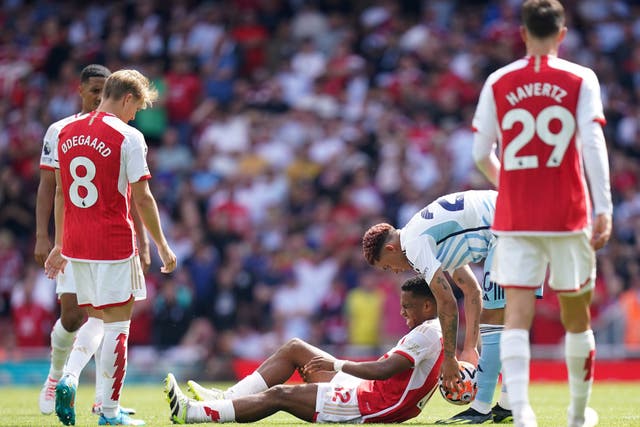 Arsenal defender Jurrien Timber (centre) looks set for a lengthy spell of rehabilitation (Adam Davy/PA)