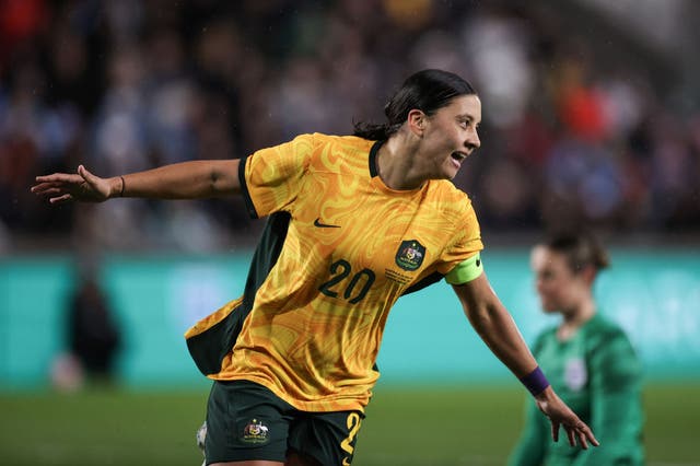 <p>Sam Kerr scored against England in Australia’s 2-0 win in April and will hope for a repeat on the big stage </p>