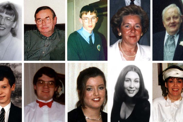 Some of the victims of the Omagh bombing on August 15, 1998 (top row, from left) James Barker, Esther Gibson, Sean McGrath, Gareth Conway, Elizabeth Rush, Fred White, Lorraine Wilson and (bottom row, from left) Veda Short, Alan Radford, Bryan White, Brenda Logue, Deborah Cartwright, Geraldine Breslin, Oran Doherty (PA)