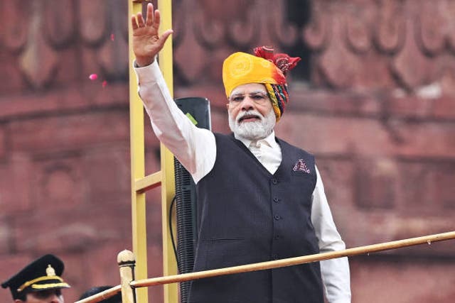 <p>India’s prime minister Narendra Modi gestures before addressing the nation from the ramparts of the Red Fort during the celebrations to mark country’s 77th Independence Day in New Delhi on 15 August 2023</p>
