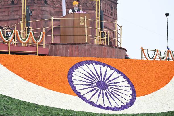 India’s prime minister Narendra Modi addresses the nation from the ramparts of the Red Fort during the celebrations to mark country’s 77th Independence Day in New Delhi on 15 August 2023