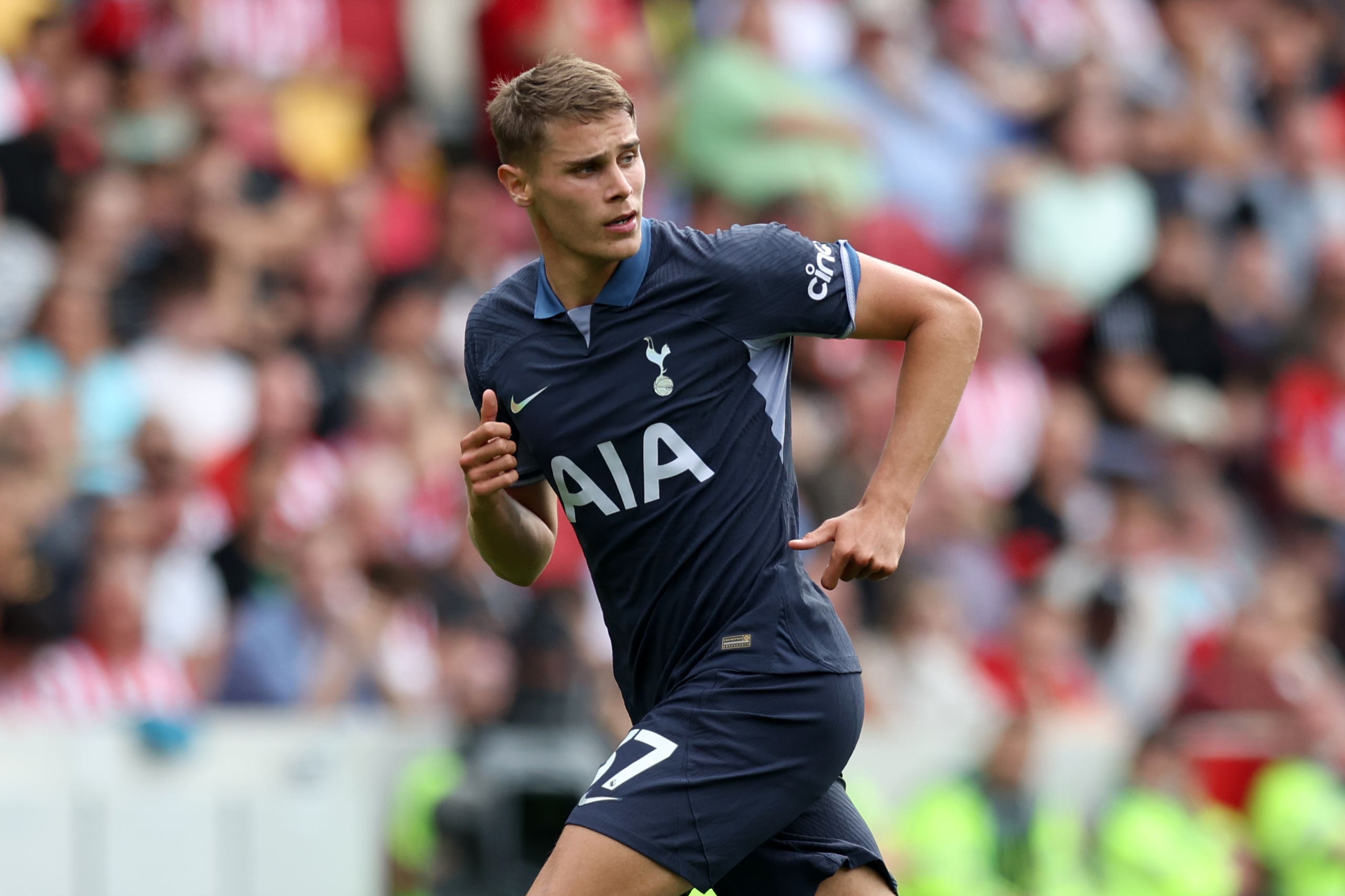 Micky van de Ven made his debut for Tottenham during Sunday’s 2-2 draw at Brentford (Nigel French/PA)