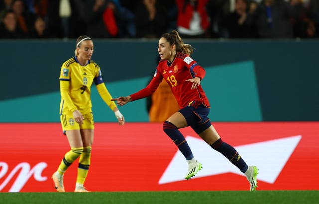 <p>Olga Carmona celebrates after scoring Spain’s winning goal</p>