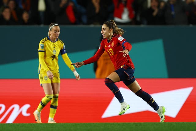 <p>Olga Carmona celebrates after scoring Spain’s winning goal</p>
