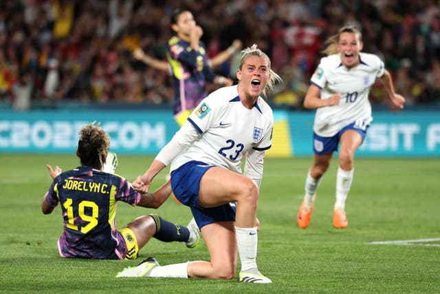 England’s Alessia Russo celebrates scoring against Colombia in the quarter-finals (Isabel Infantes/PA)