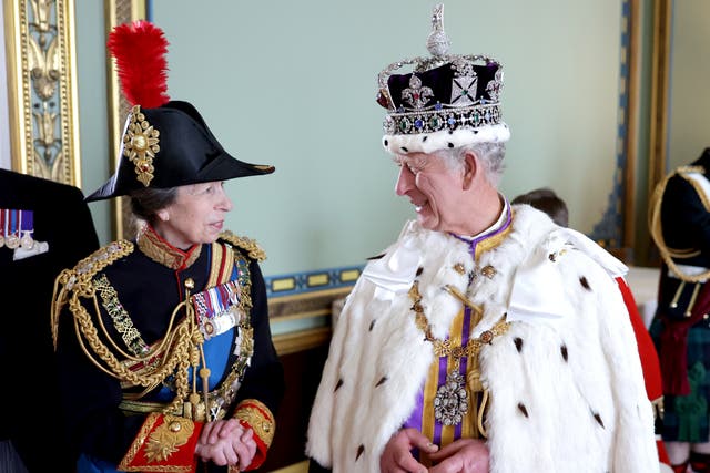 <p>Handout image released by Buckingham Palace of King Charles III speaks with Princess Anne, Princess Royal at Buckingham Palace after the Coronation of King Charles III and Queen Camilla on May 6, 2023</p>