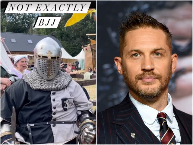 <p>Tom Hardy in suit of armour</p>