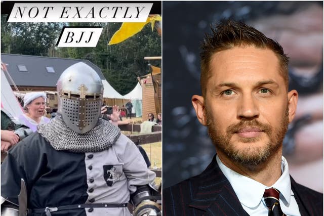 <p>Tom Hardy in suit of armour</p>