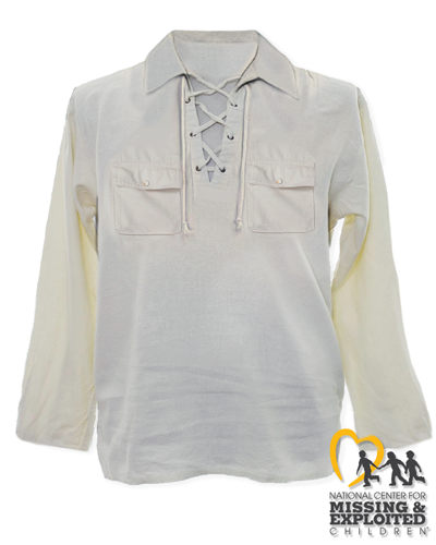 The front of the khaki-colored long sleeved 70s style shirt