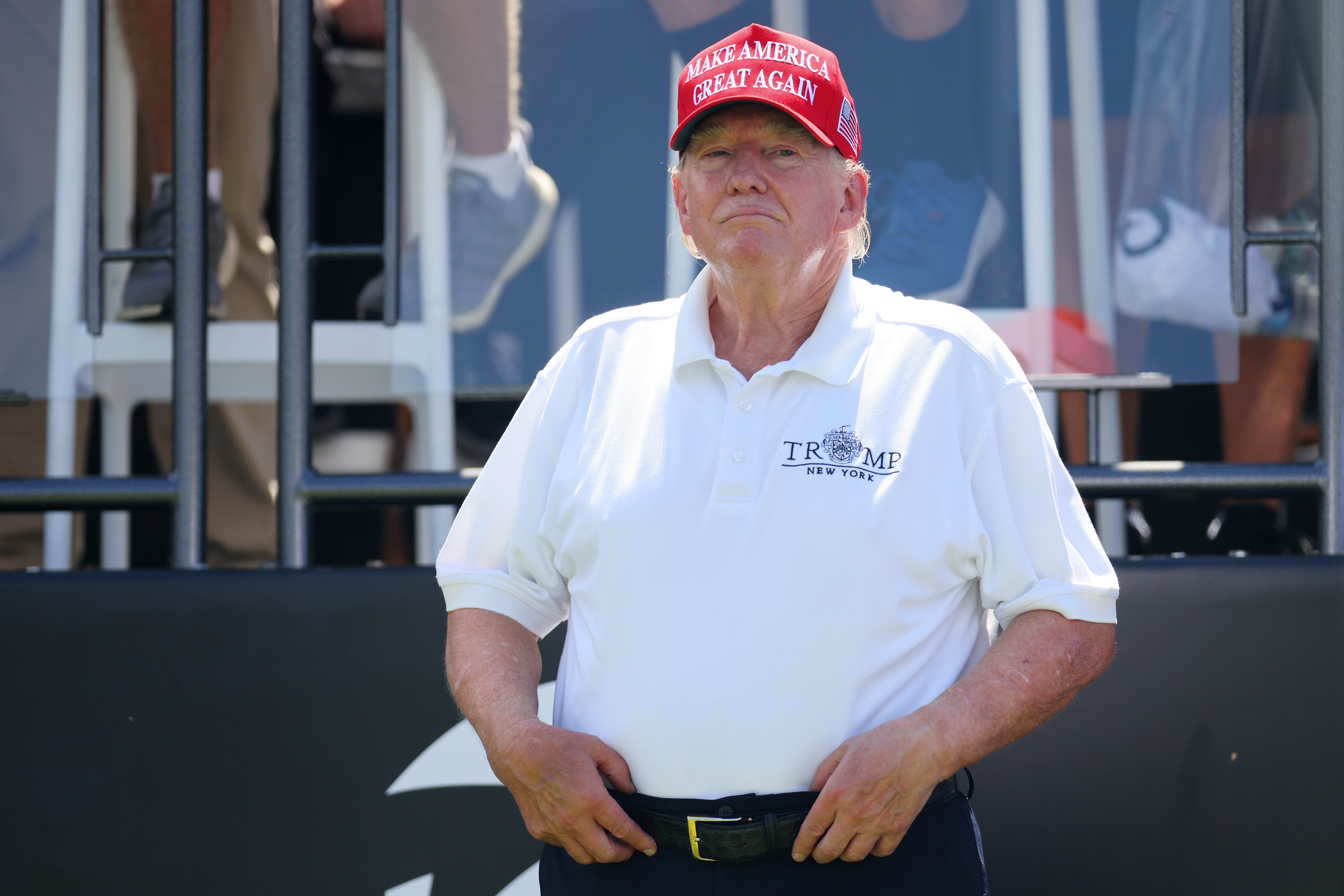 Former President Donald Trump looks on at the first tee prior to the start of day three of the LIV Golf Invitational - Bedminster at Trump National Golf Club on August 13, 2023 in Bedminster, New Jersey.