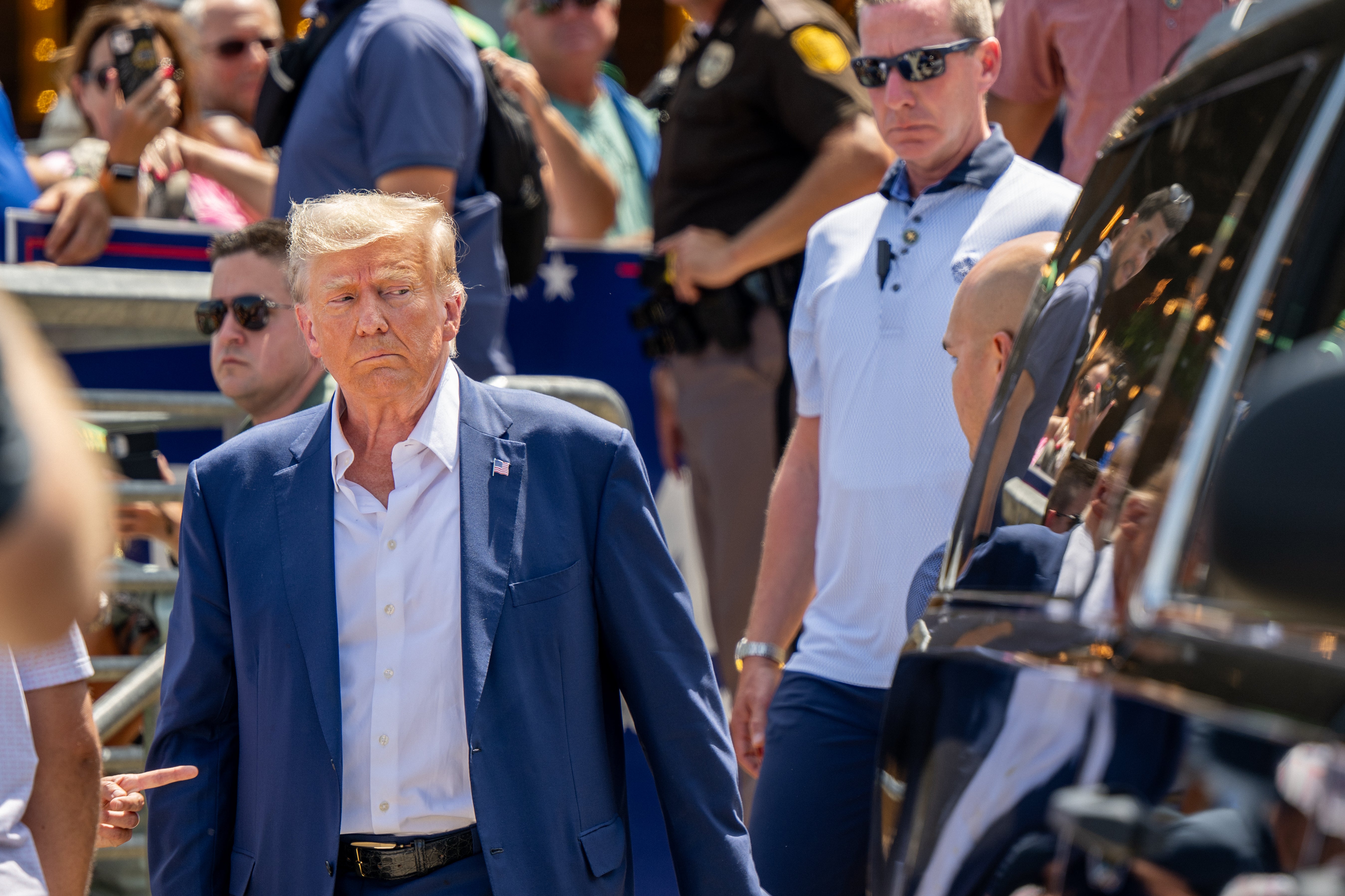 Donald Trump pictured after speaking at the Steer N' Stein bar at the Iowa State Fair on 12 August