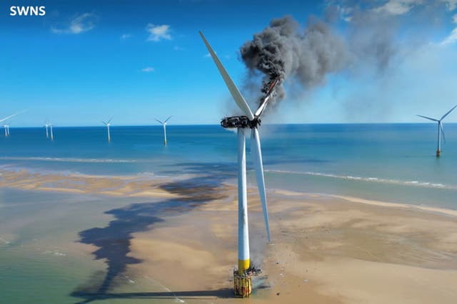 <p>Thick smoke rises as offshore wind turbine catches fire close to Suffolk.</p>