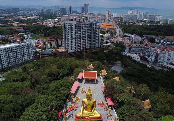 This aerial photograph shows the 18-metre tall Big Buddha statue at the Wat Phra Yai Temple in Pattaya City