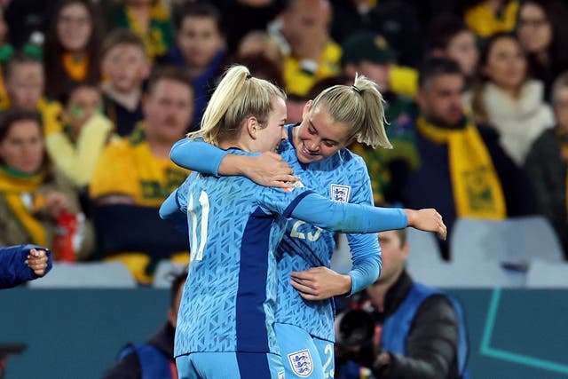 Alessia Russo celebrates with Lauren Hemp during England’s 3-1 win over Australia (Isabel Infantes/PA)