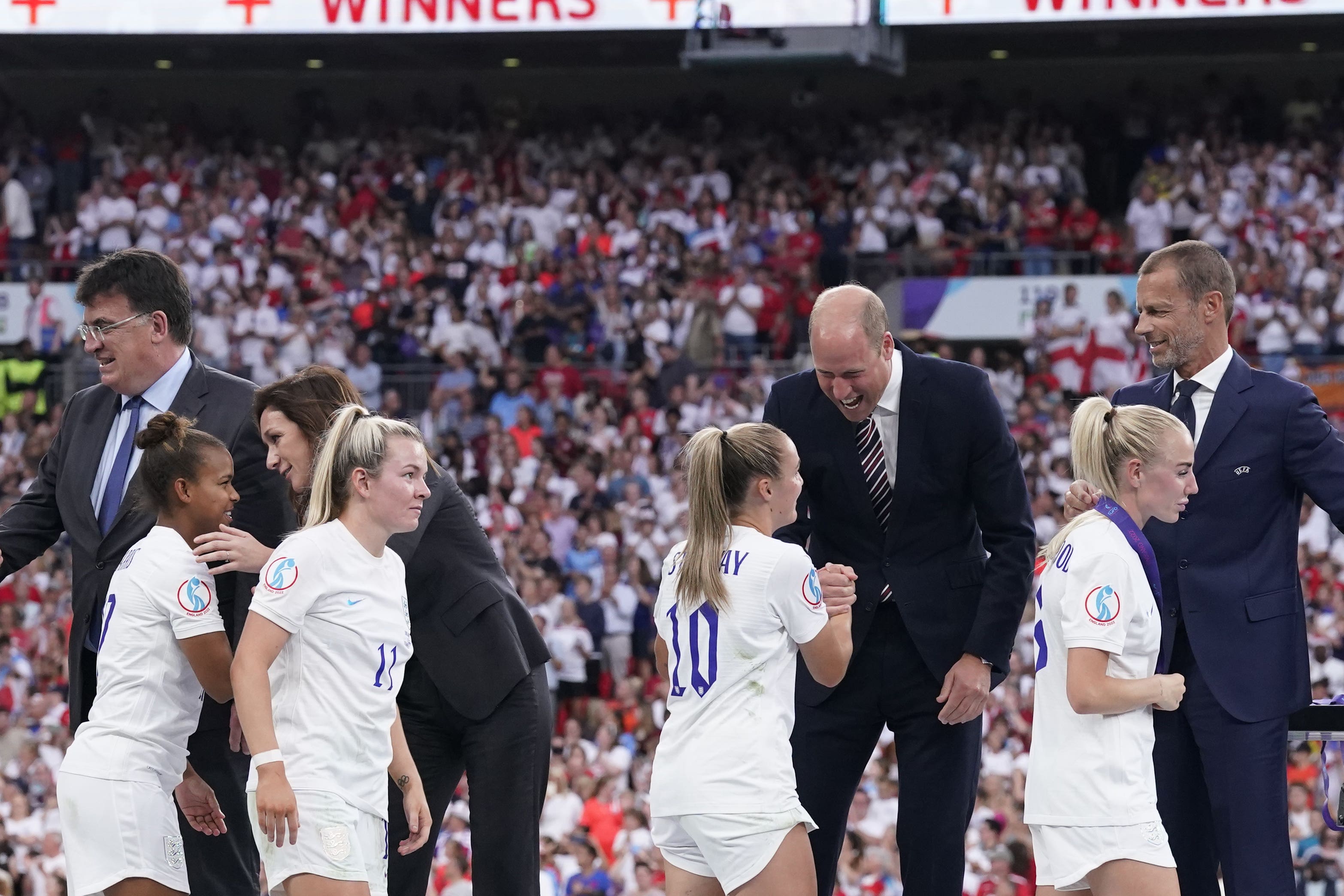 England’s Georgia Stanway with the then-duke of Cambridge following England’s victory over Germany in the UEFA Women’s Euro 2022 final (Danny Lawson/PA)