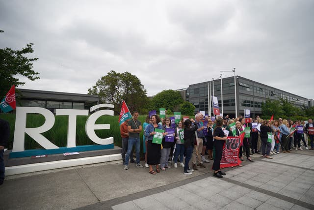 Members of staff from RTE took part in a protest at the broadcaster’s headquarters in Dublin in June (Niall Carson/PA)