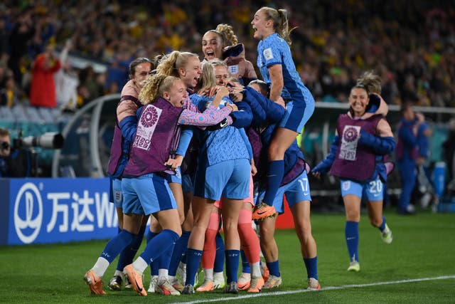 <p>England celebrate following their 3-1 victory over Australia in the Women’s World Cup semi-final</p>