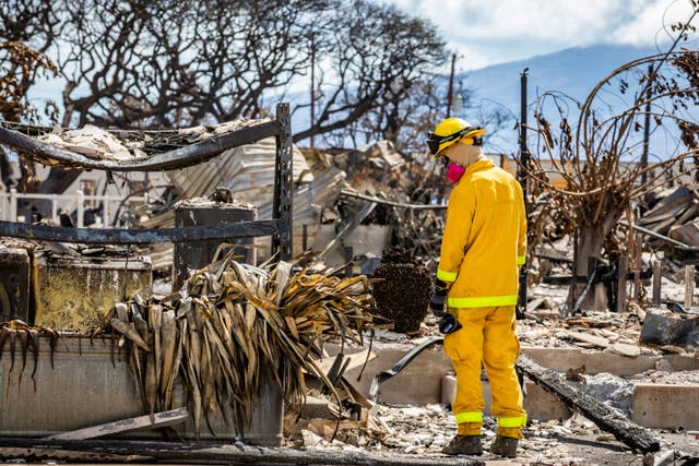 <p>A Combined Joint Task Force 50 (CJTF-50) search, rescue and recovery member conducts search operations of areas damaged by Maui wildfires in Lahaina, Hawaii, U.S. August 15, 2023</p>