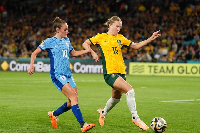 England’s Ella Toone and Australia’s Clare Hunt (right) battle for the ball during the FIFA Women’s World Cup semi-final match at Stadium Australia, Sydney (Zac Goodwin/PA)