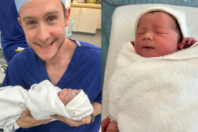 BBC sports reporter Matt Graveling with his new-born baby (PA)