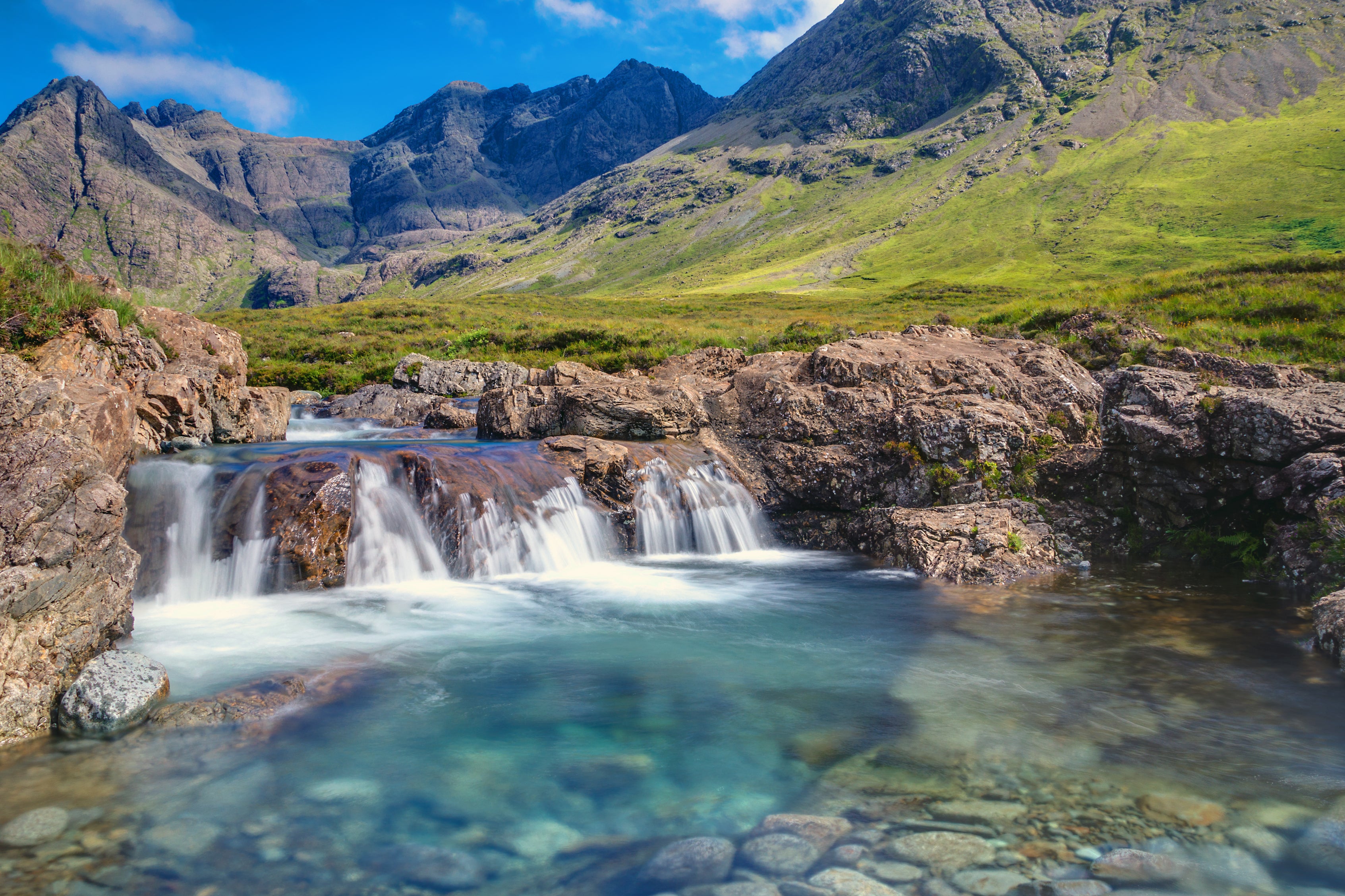The Fairy Pools on the Isle of Skye, found off Scotland’s northwest coast