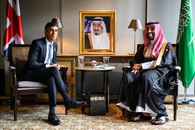 Prime Minister Rishi Sunak and Crown Prince Mohammed bin Salman of Saudi Arabia during a bilateral meeting at the G20 summit in Indonesia last year (Leon Neal/PA)