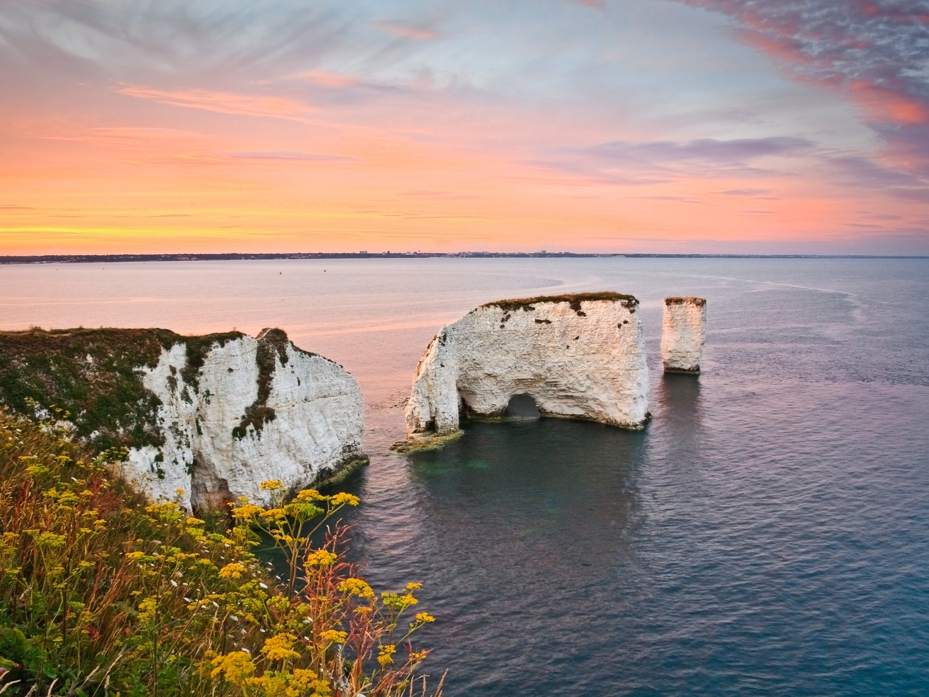 The imposing limestone stacks of Old Harry Rocks in Dorset