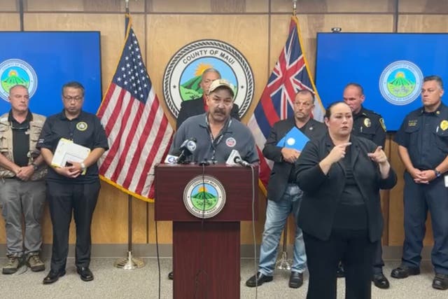 <p>Maui County Emergency Management Agency administrator Herman Andaya speaks during a press conference on 17 August</p>