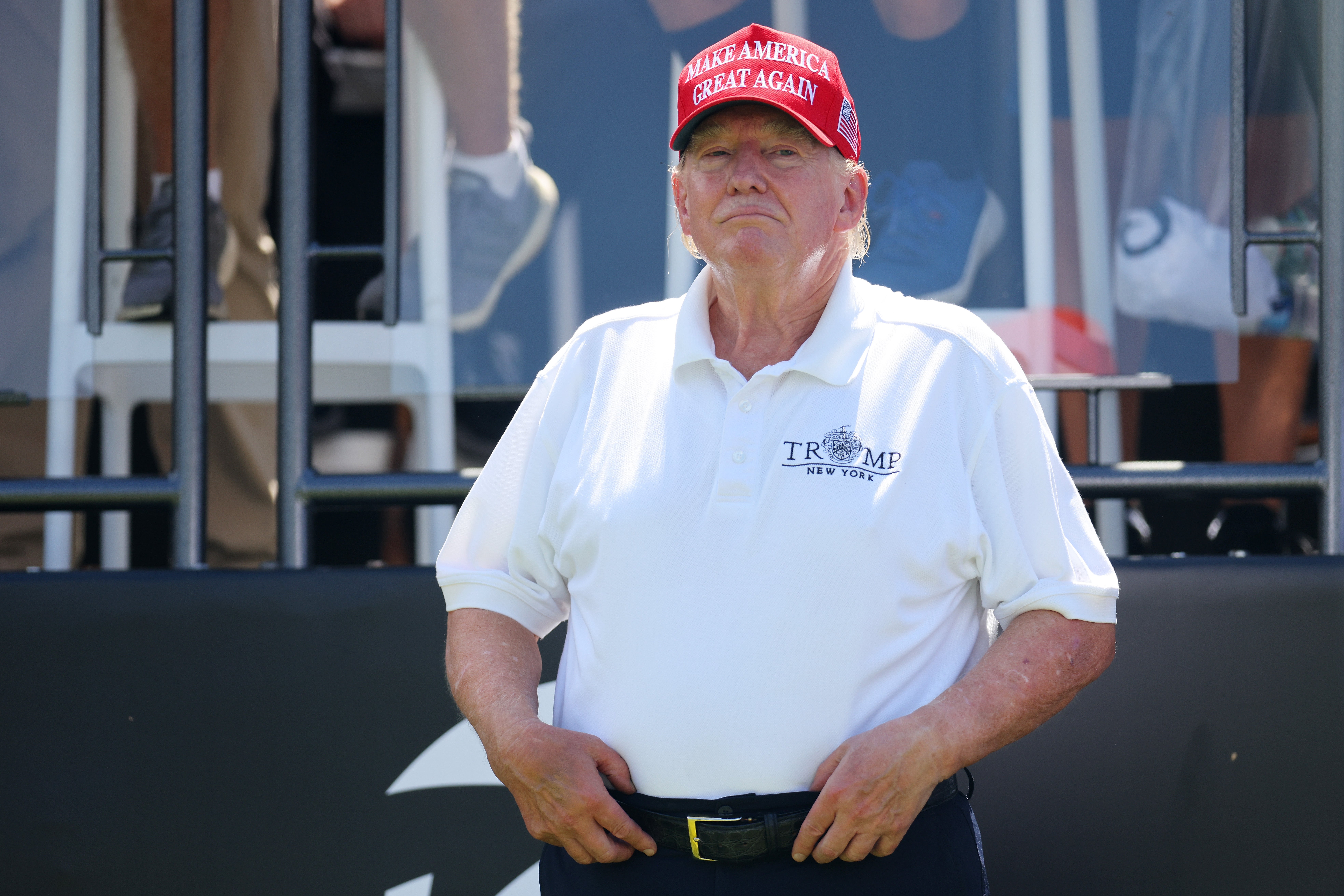 Former president Donald Trump looks on at the first tee prior to the start of day three of the LIV Golf Invitational - Bedminster at Trump National Golf Club on August 13, 2023 in Bedminster, New Jersey.