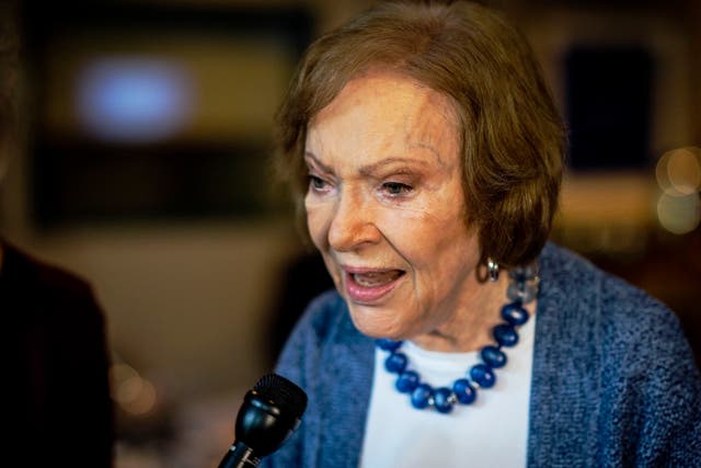 <p>The former first lady Rosalynn Carter speaks to the press at conference at The Carter Center on Nov. 5, 2019, in Atlanta</p>