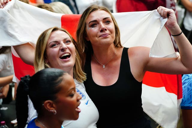 England fans celebrate following a screening of the FIFA Women’s World Cup 2023 semi-final at BOXPARK Wembley (Victoria Jones/PA)