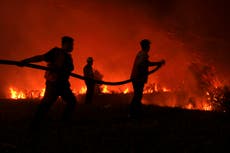 Firefighters are trying to put out a peatland fire threatening homes on Indonesia’s Sumatra Island