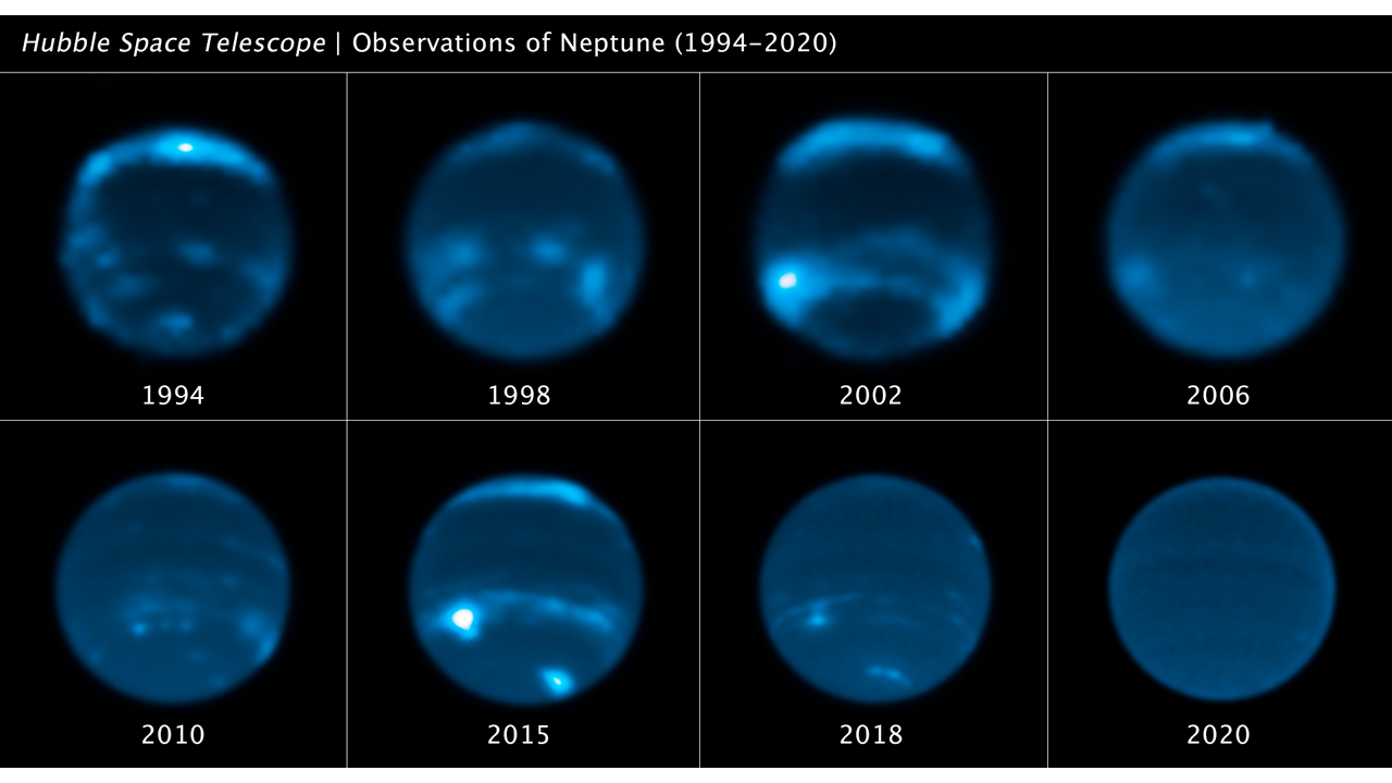 Sequence of Hubble Space Telescope images chronicles the waxing and waning of the amount of cloud cover on Neptune