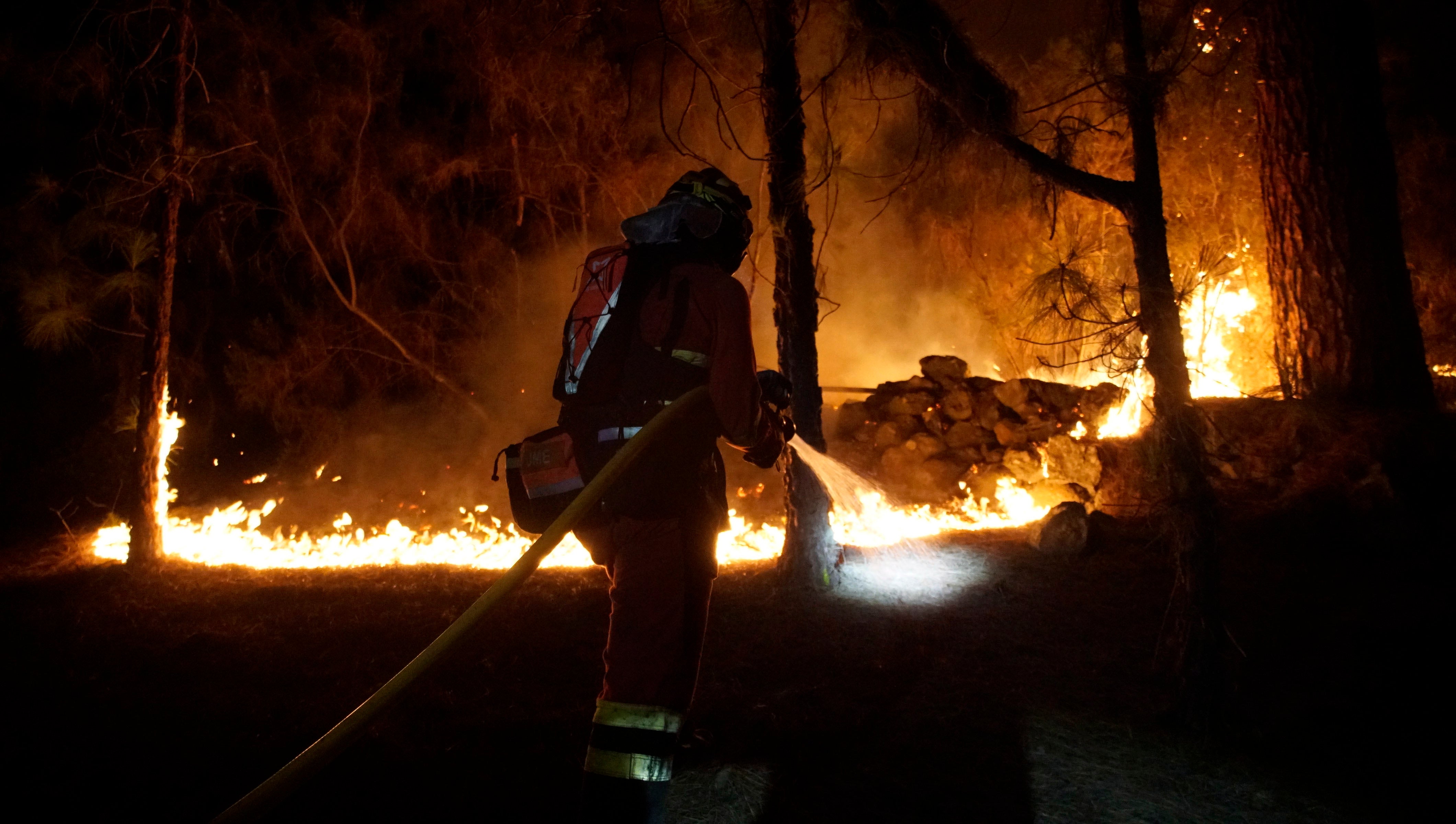 Firefighter working to extinguish the forest fire in Afaro-Candelaria