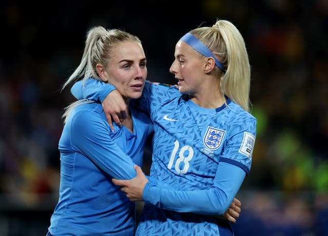 <p>England's Chloe Kelly and Alex Greenwood celebrate after the semi-final of the 2023 Women’s World Cup</p>