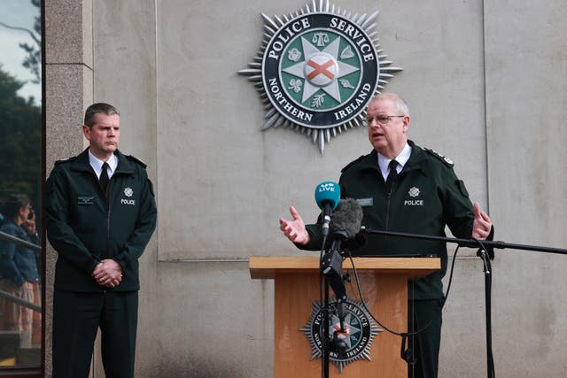 Police Service of Northern Ireland Chief Constable Simon Byrne and Assistant Chief Constable Chris Todd speaking to the media outside the force’s headquarters in Belfast (Liam McBurney/PA)