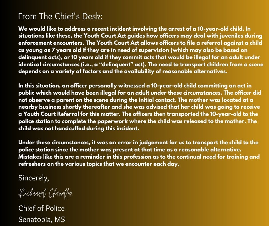 Police Chief Richard Chandler issued a statement saying the officers’ decision to transport the child to jail was a mistake